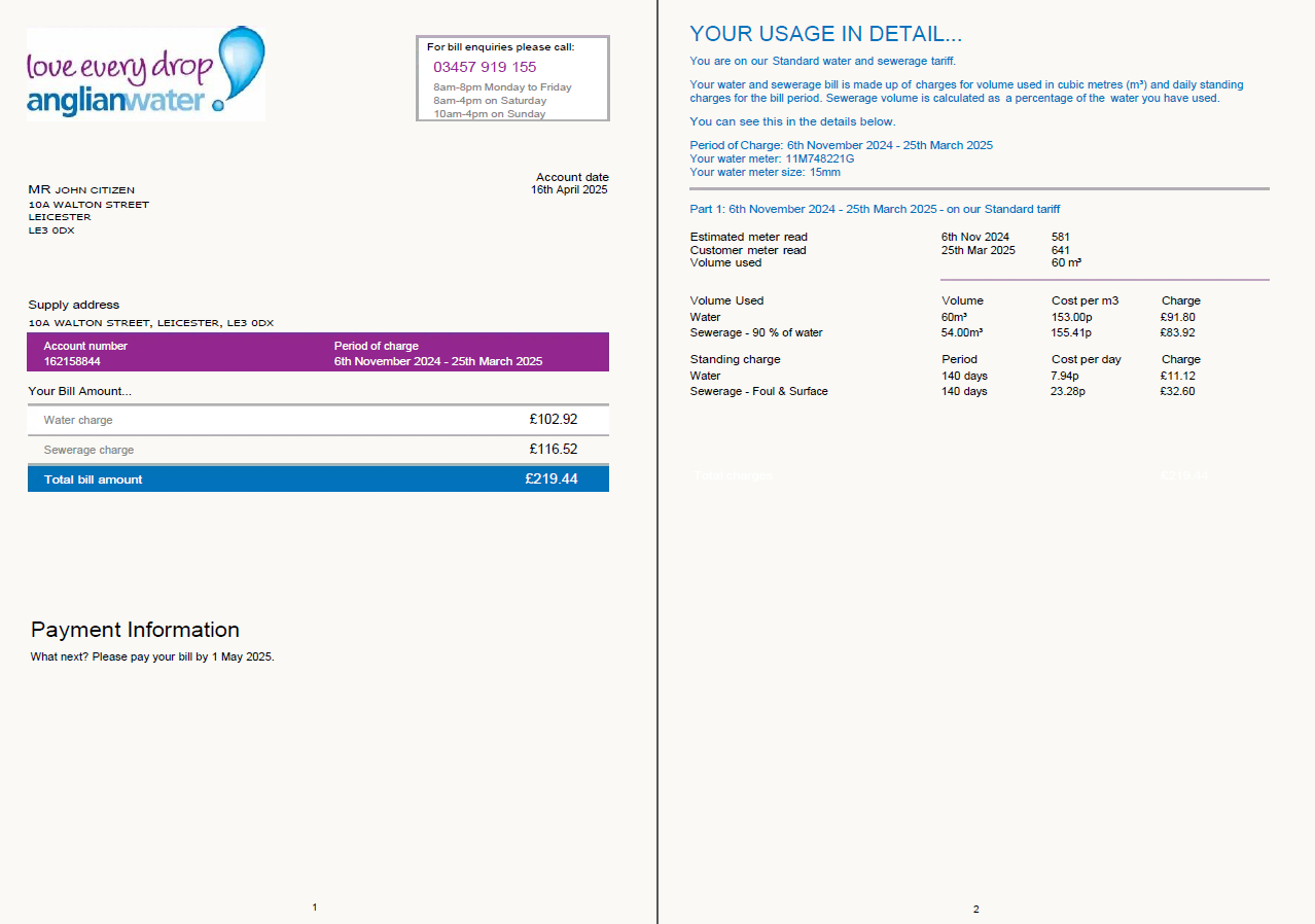 United Kingdom Anglian Water utility bill template in Word and PDF formats, 2 pages